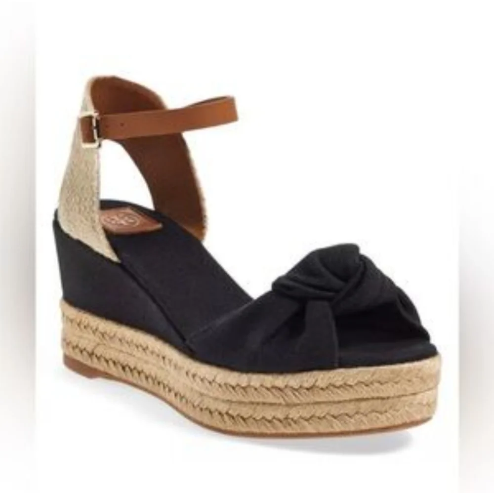 TORY BURCH Knotted Bow Wedge Espadrille Platform Sandal Black/NAVY/ Tan SIZE 6.5